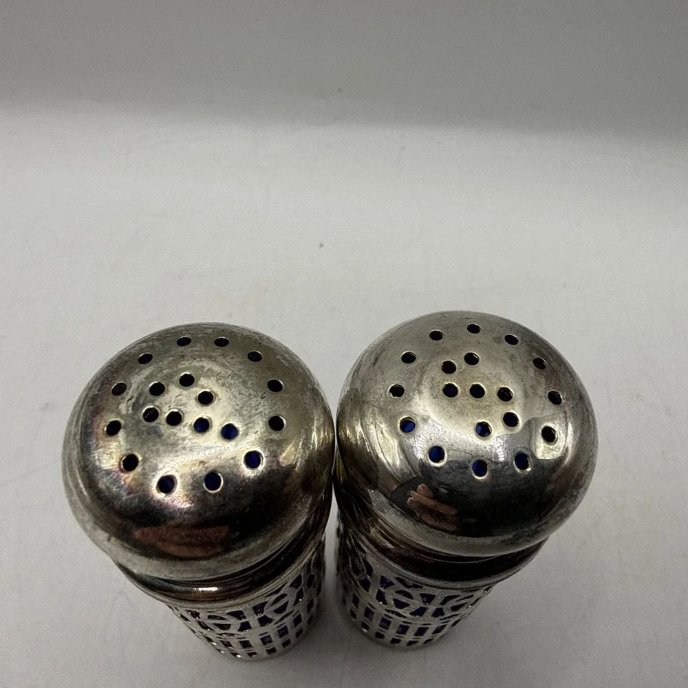 Vintage Cobalt Blue Glass Salt & Pepper Shaker Patent 1014132 Silver 3